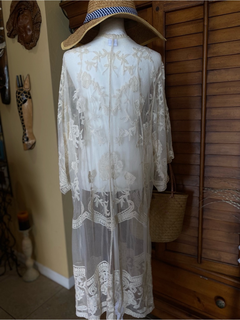 Camo Sheer Embroidered Lace Long Kimono in Cream - Picture 4 of 6